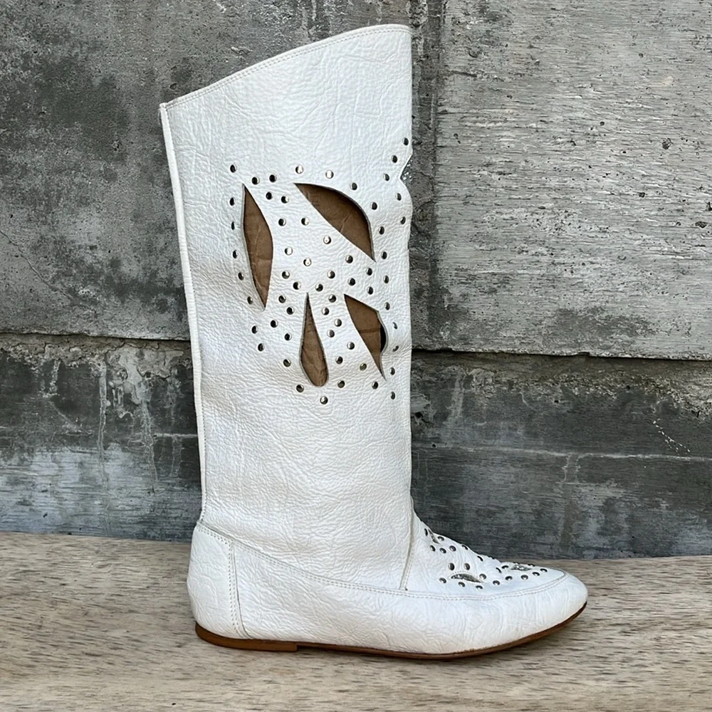 White Over-the-Knee Cutout & Stud Leather Boots — Women's
